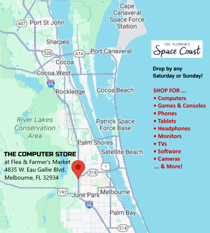 Map of the Florida Space Coast with a red locator symbol and the printed address for The Computer Store.